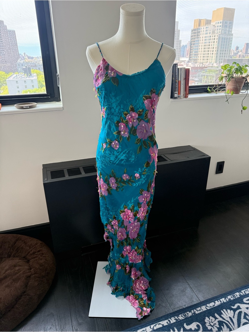 Teal Floral Slip Dress with Pink Embroidered Flowers